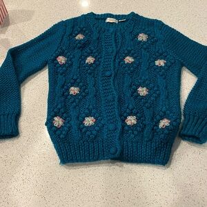 Michael Richards Wo‎ Size Small Vintage Teal Knit Sweater with Floral Embroidery